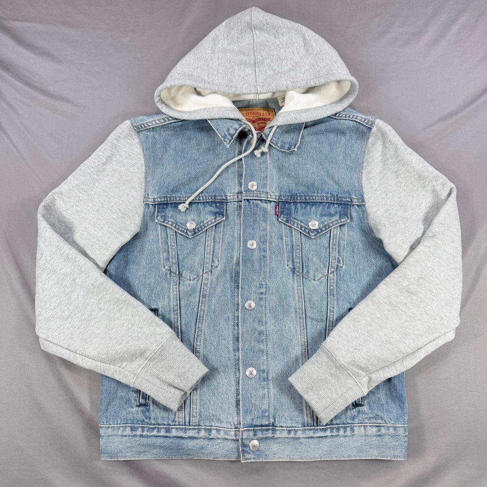 Levi's Mens S Blue Cotton Denim Relaxed Hybrid Trucker Jacket Grey Jersey Hooded